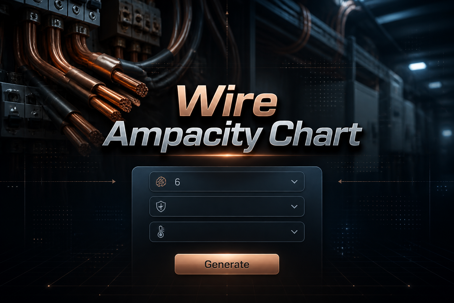 Centered hero graphic for a Wire Ampacity Chart tool with a compact UI panel showing wire gauge, insulation type, ambient temperature, and a Generate button, over copper wires, cable bundles, and a faint industrial background.