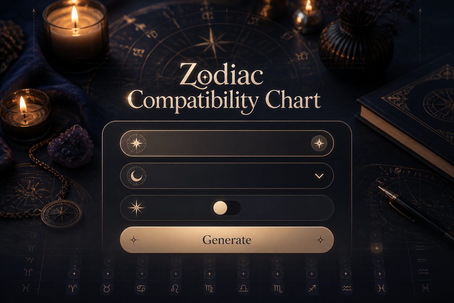 Centered zodiac compatibility chart hero image with luminous title, a sleek astrology UI panel showing your sign, partner sign, a compatibility toggle, and a Generate button over a premium dark background with subtle grid lines and matrix hints.