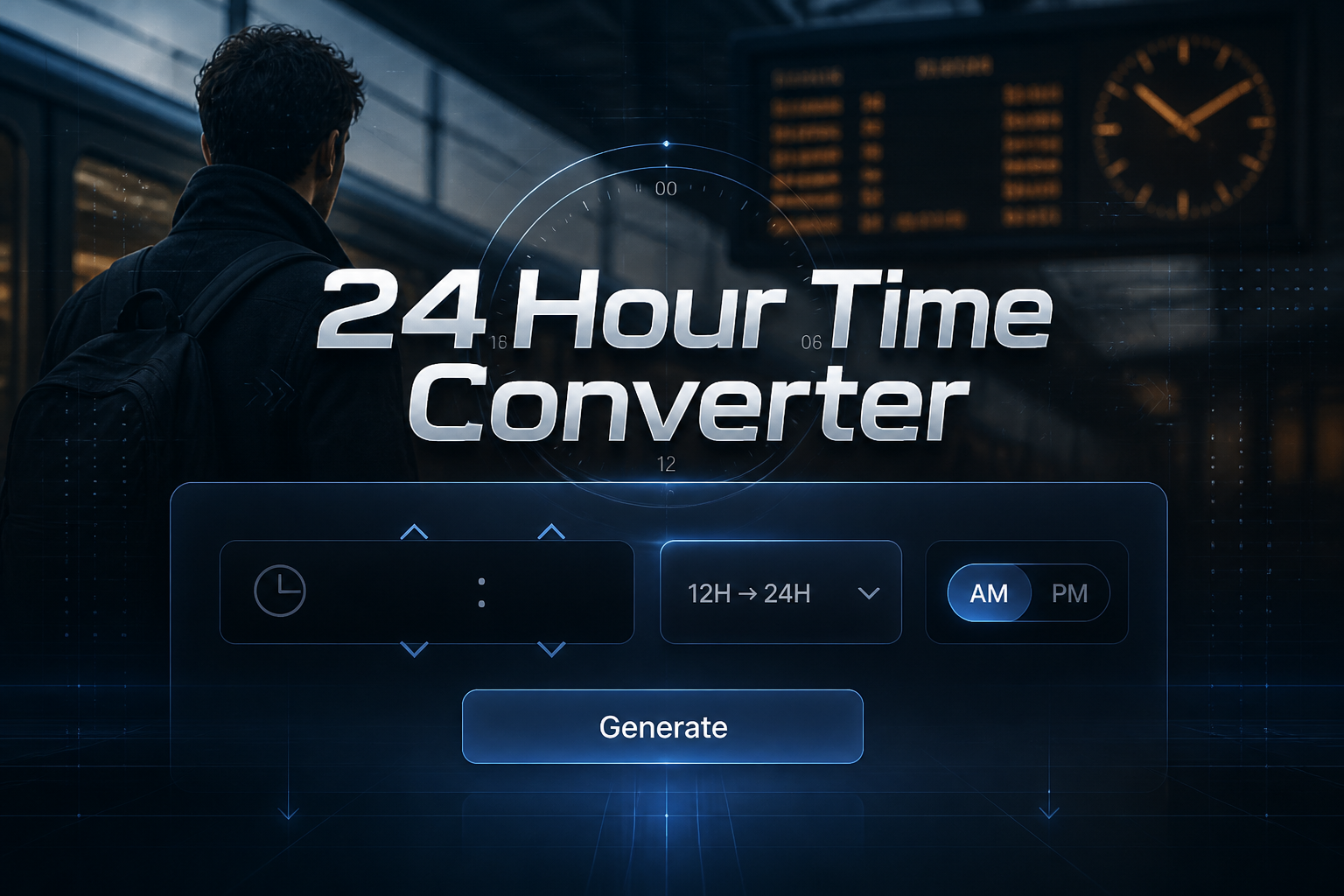 A sleek hero graphic for a 24 Hour Time Converter shows a centered UI panel with one time input, a 12-hour to 24-hour conversion dropdown, AM/PM toggle, and Generate button over a commuter workday background with subtle grid lines and reflections.