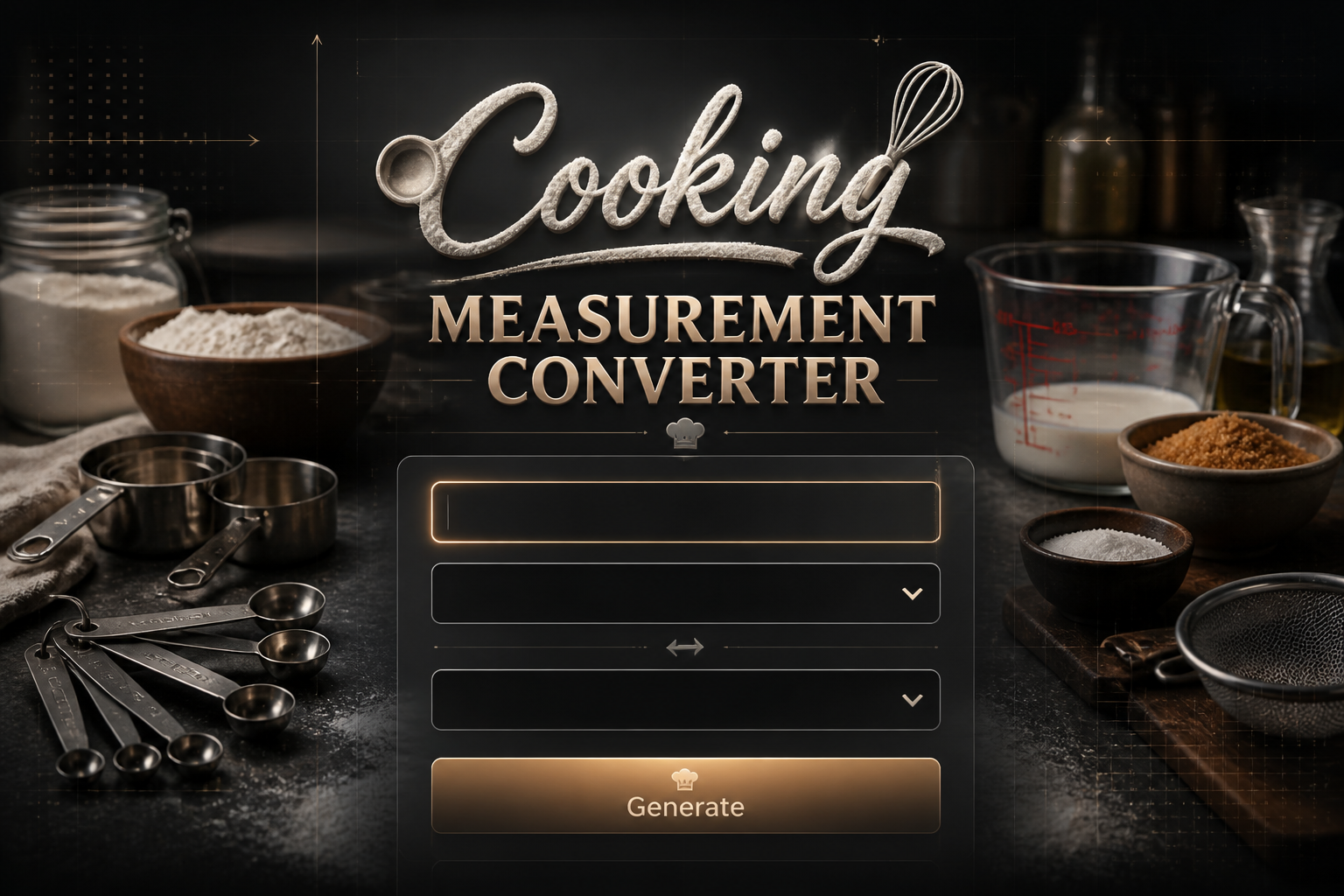Hero image for a cooking measurement converter tool with the title centered, a sleek UI panel showing amount, unit and target unit fields with a Generate button, and a kitchen background with measuring spoons, cups, and ingredients.