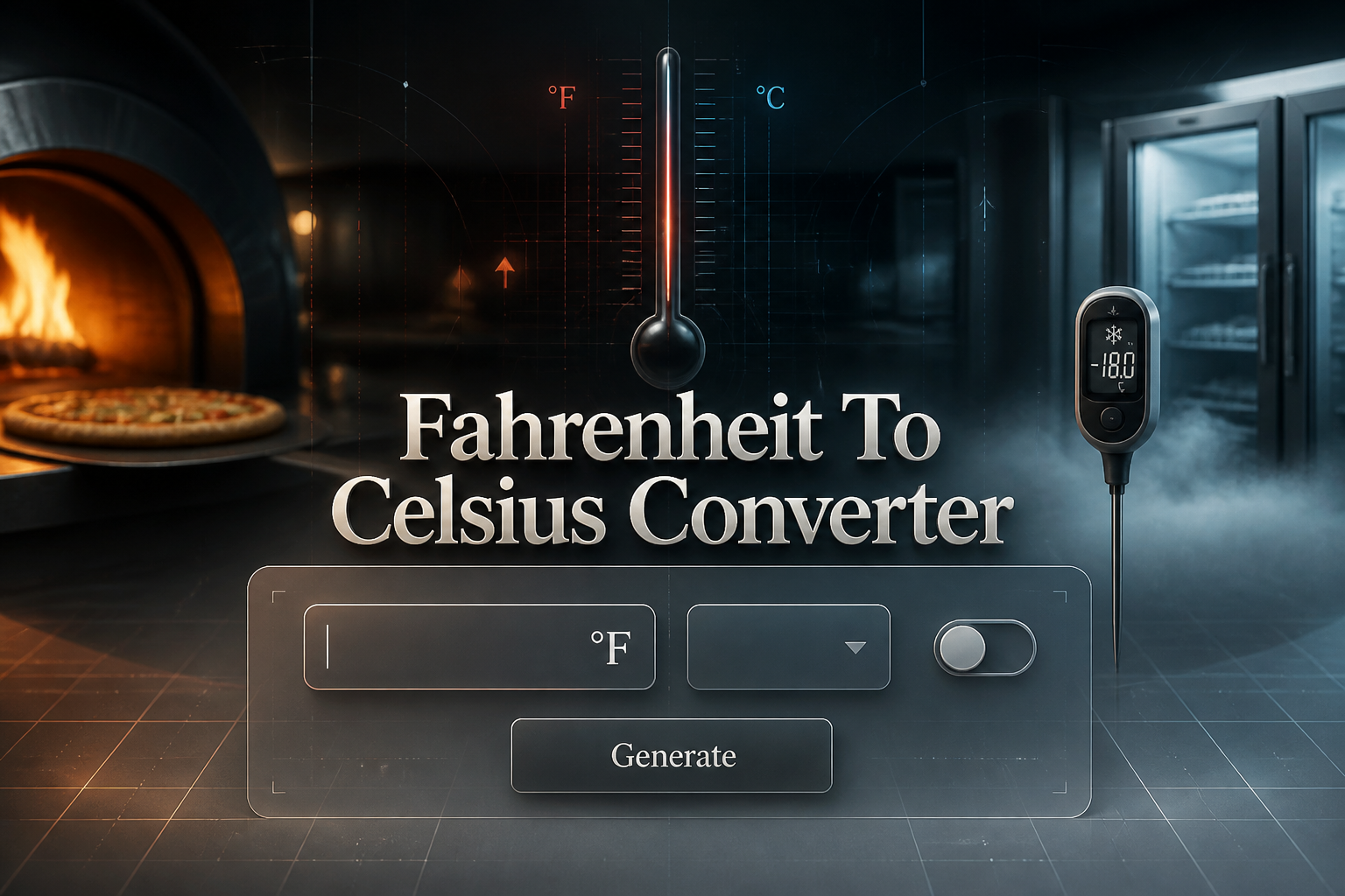 Centered hero image of a Fahrenheit To Celsius Converter UI with a prominent °F input, blank dropdown, swap toggle, and Generate button, set over a sleek temperature-conversion scene with subtle grid lines and premium shadows.