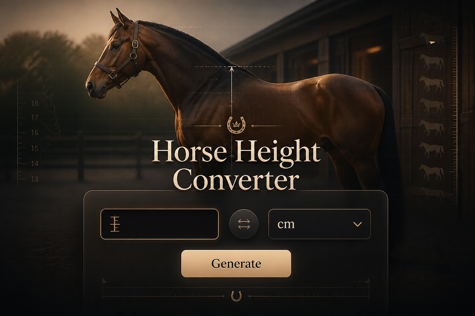 Featured hero image for Horse Height Converter showing a polished UI panel with a hands input, height unit dropdown, and Generate button over a fading horse stable scene, ideal for an online horse height conversion tool.