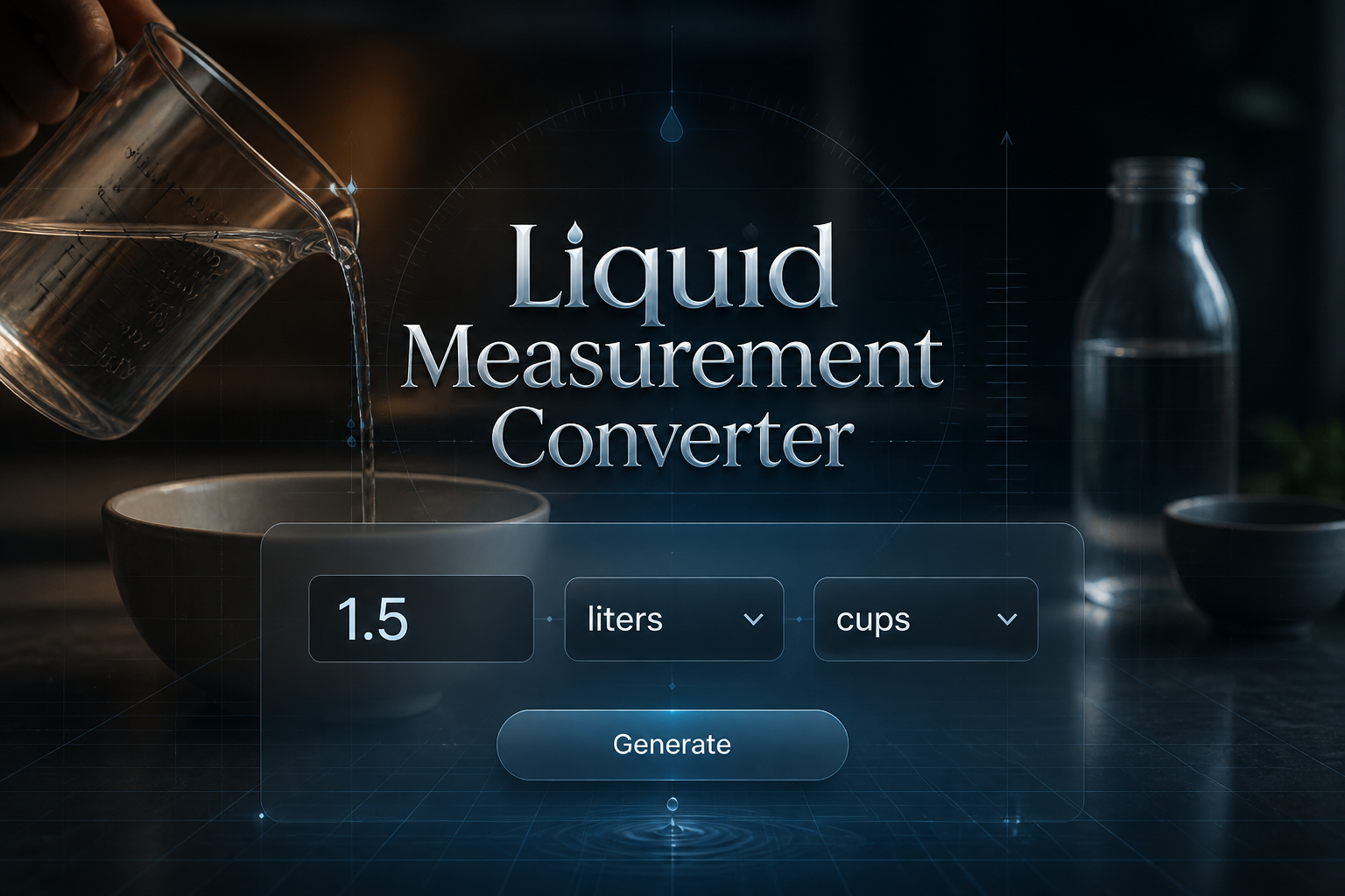 Centered hero graphic for a liquid measurement converter showing the title Liquid Measurement Converter above a polished UI panel with 1.5, liters, cups, and a Generate button, styled like a liquid volume conversion tool.