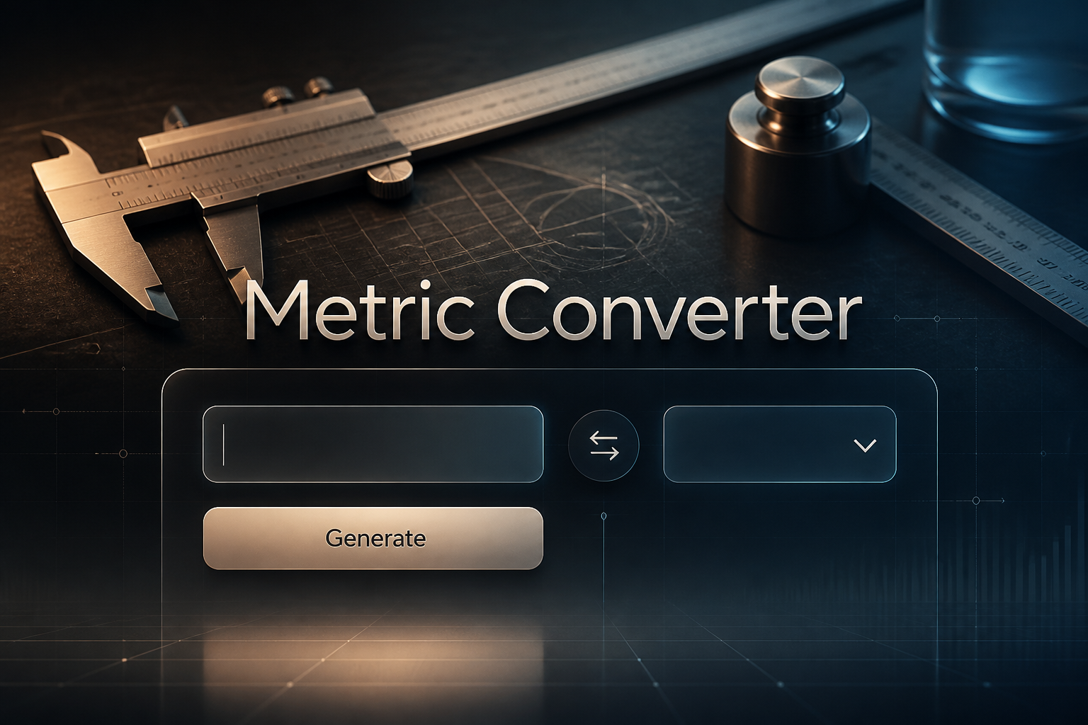Metric Converter hero image showing a sleek centered conversion panel with a numeric input, unit dropdown, swap toggle, and Generate button over a subtle precision-measurement background, ideal for a metric conversion tool and unit converter interface.