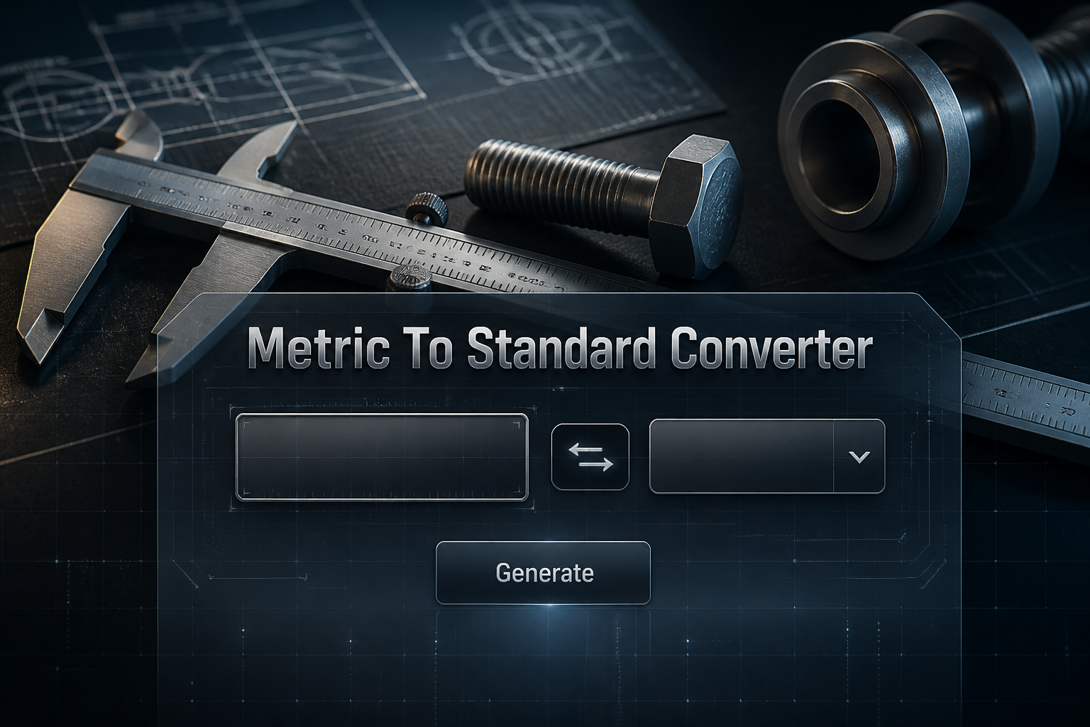 Centered hero image of a Metric To Standard Converter interface with a metric input field, unit dropdown, toggle, and Generate button over a dark polished measurement scene, with subtle grid lines and conversion tool UI details.