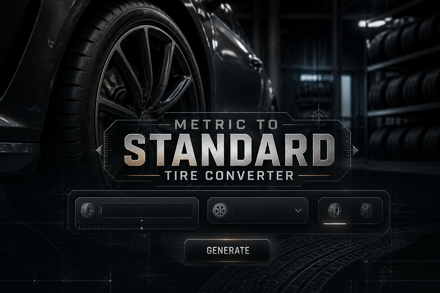 Centered hero graphic for a Metric To Standard Tire Converter with a premium tire-shop wheel background, a refined UI panel showing metric tire size input, standard conversion dropdown, tire type selector, and a Generate button.