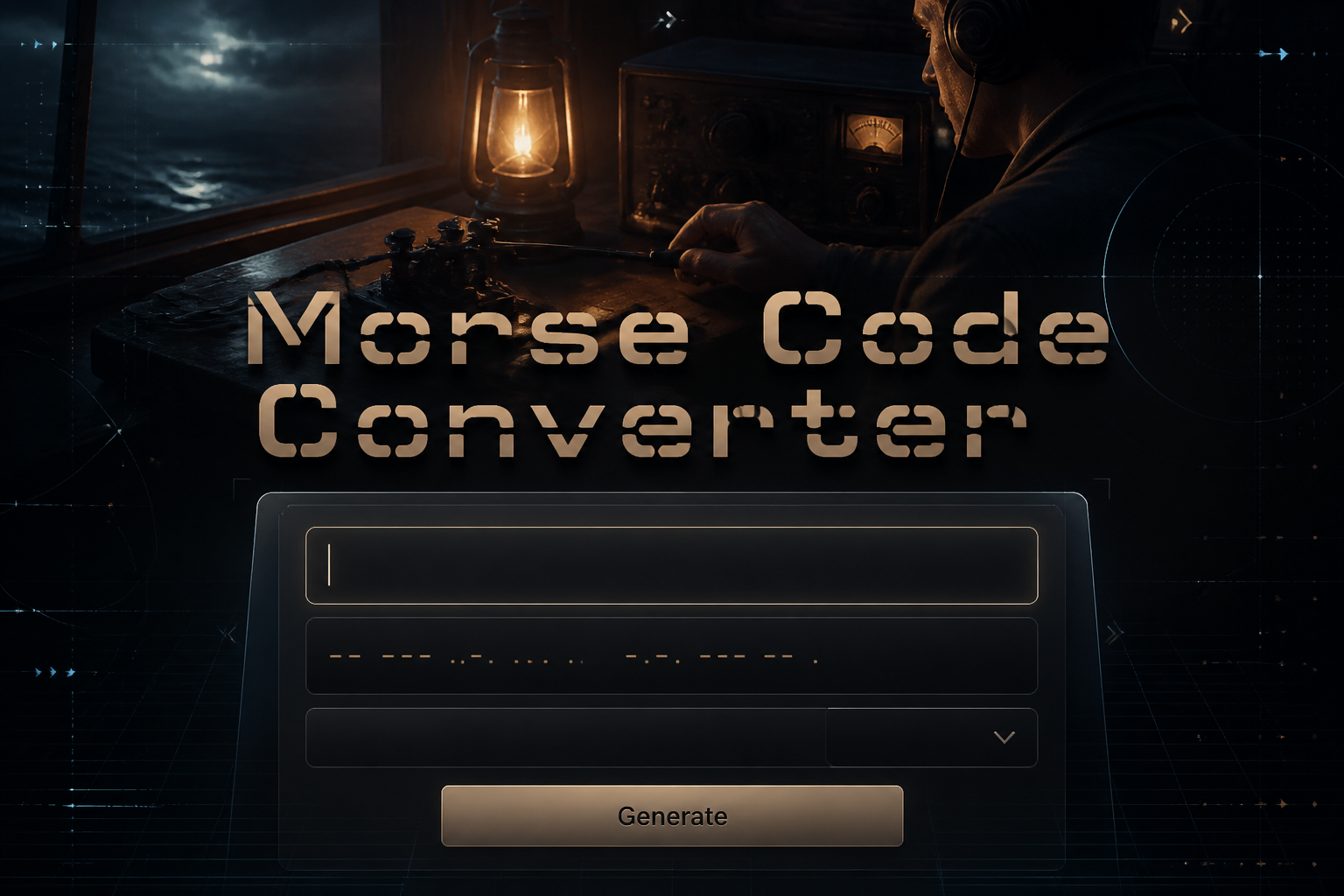 Featured hero image for a Morse Code Converter tool with centered title, plain text input, Morse code field, mode dropdown, and Generate button, set over a polished Morse communication UI scene with subtle grid lines and premium shadows.