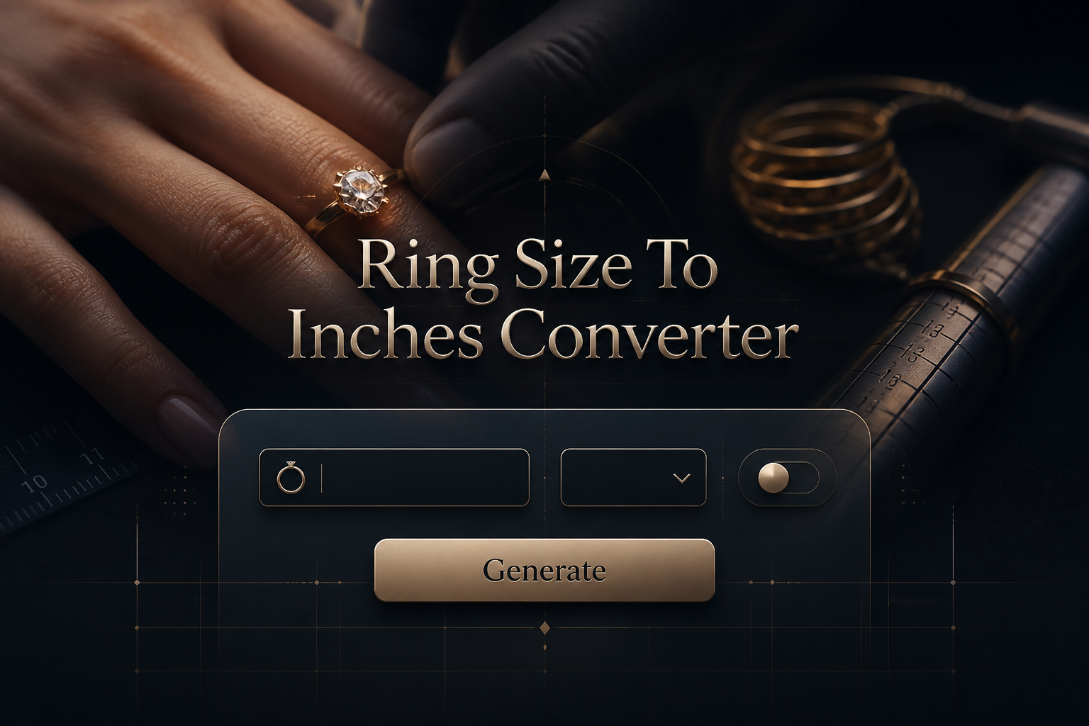Centered hero graphic for a ring size to inches converter showing the title, a ring size input field, measurement system dropdown, sizing mode toggle, and Generate button over a sleek jewelry fitting scene with metallic accents and measuring cues.