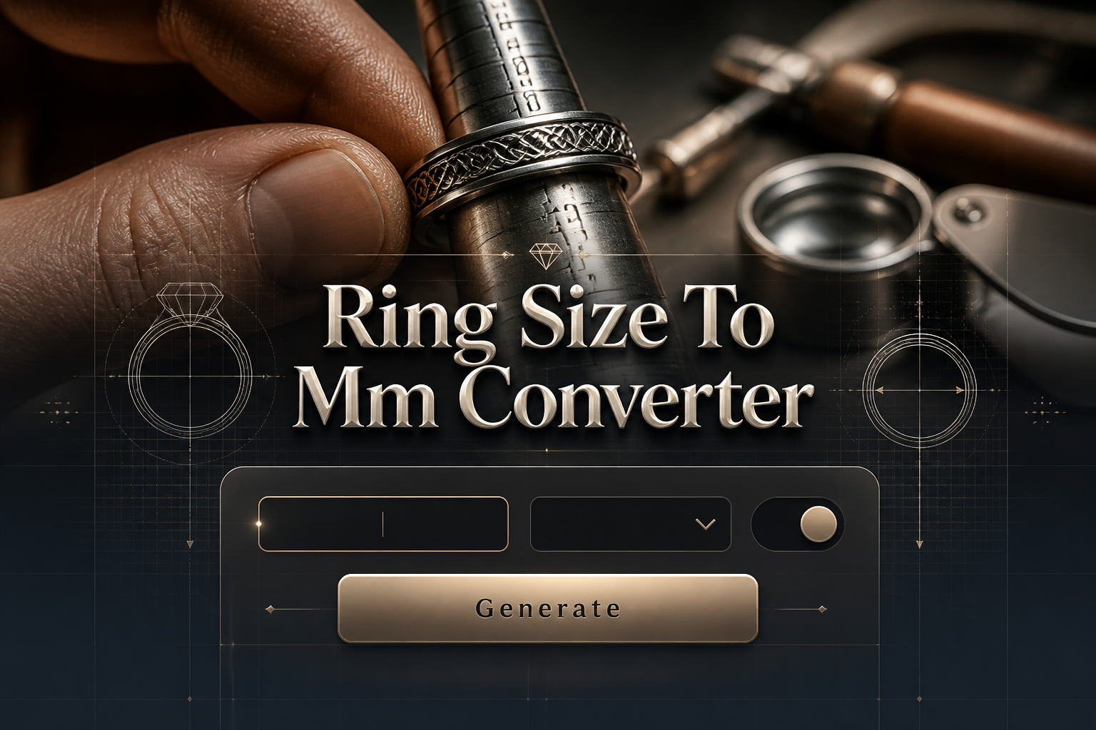 Centered hero image of a Ring Size To Mm Converter UI with a ring size input, unit dropdown, toggle, and Generate button over a realistic jeweler's hand and ring sizing gauge, ideal for ring size to mm conversion tools.