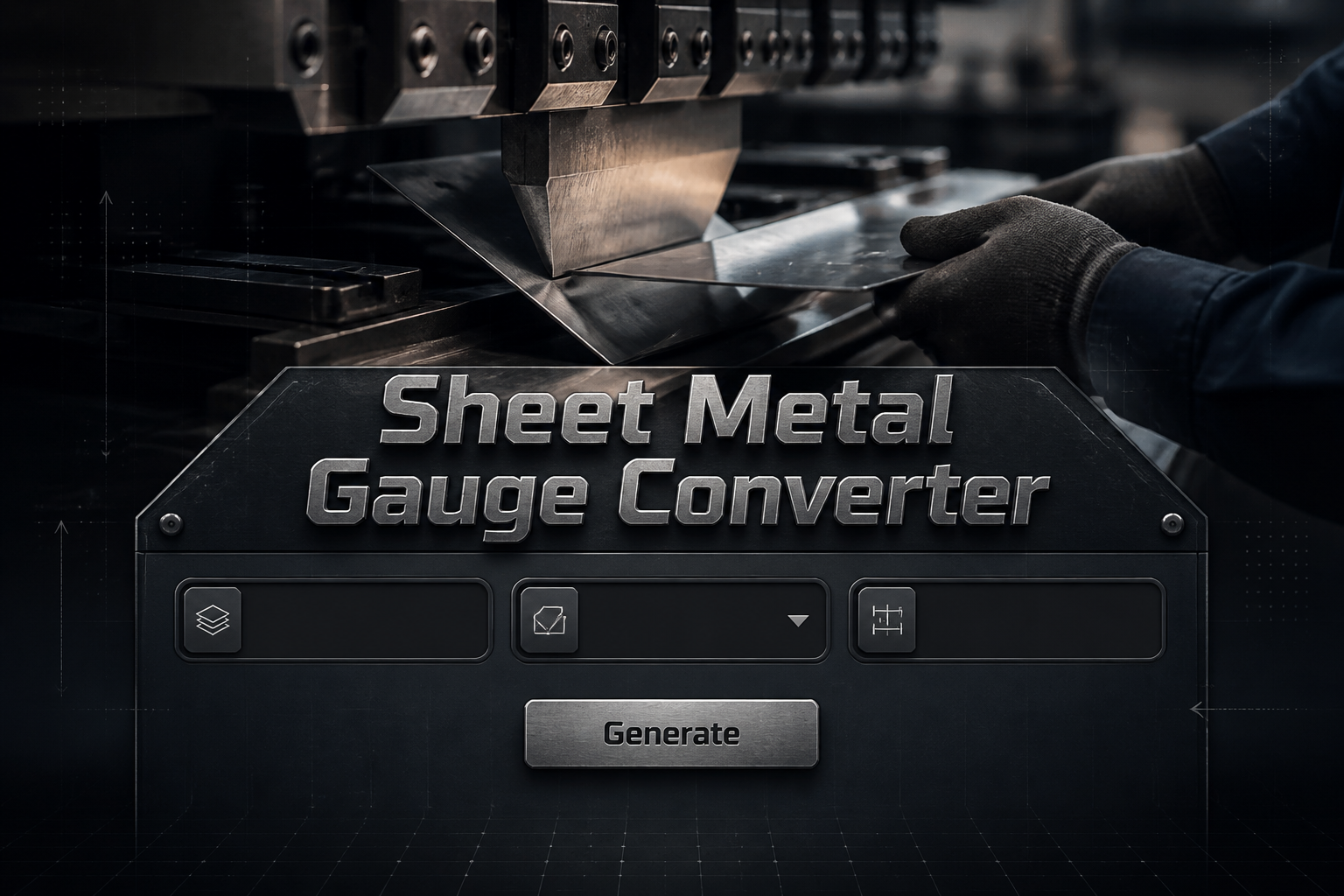Centered hero graphic for a Sheet Metal Gauge Converter with a refined input panel, gauge field, material dropdown, thickness conversion field, and Generate button over a sleek metalworking scene, ideal for sheet metal gauge conversion tool and gauge to thickness converter.