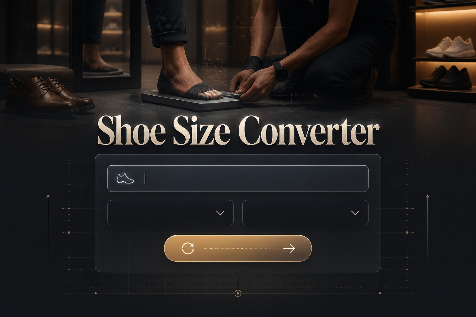 Centered hero graphic for Shoe Size Converter with a refined UI panel, one shoe size input, size system and gender/region dropdowns, and a Generate button, over a dark retail fitting-room scene with stylish shoes and subtle grid hints.