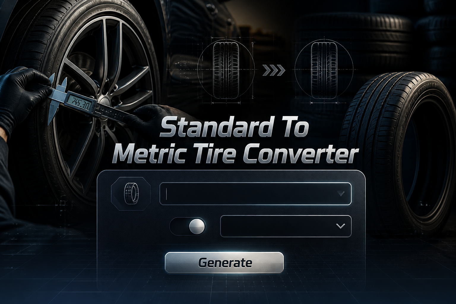 Centered hero graphic with a polished tire conversion panel, standard tire size input, metric format dropdown, direction toggle, and Generate button over a high-contrast automotive scene, ideal for a standard to metric tire converter and tire size conversion tool.