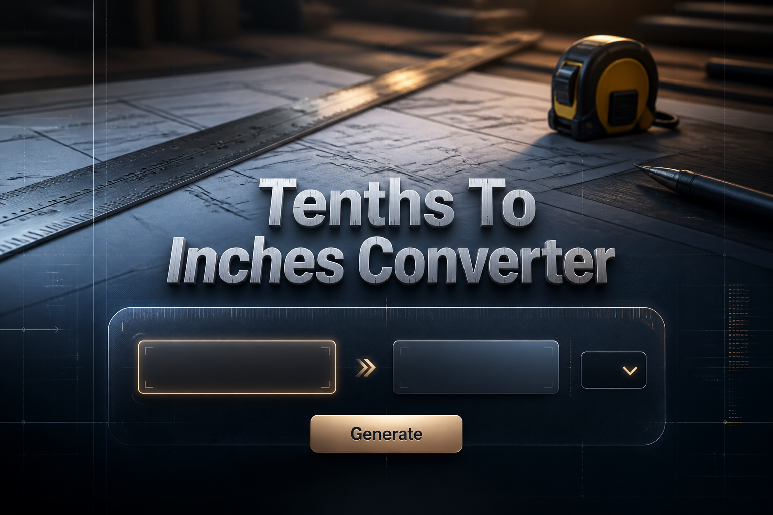 Centered hero graphic for a Tenths To Inches Converter with a refined UI panel, tenths input field, inches output, precision dropdown, and Generate button over a drafting and construction background, ideal for tenths to inches conversion tool.
