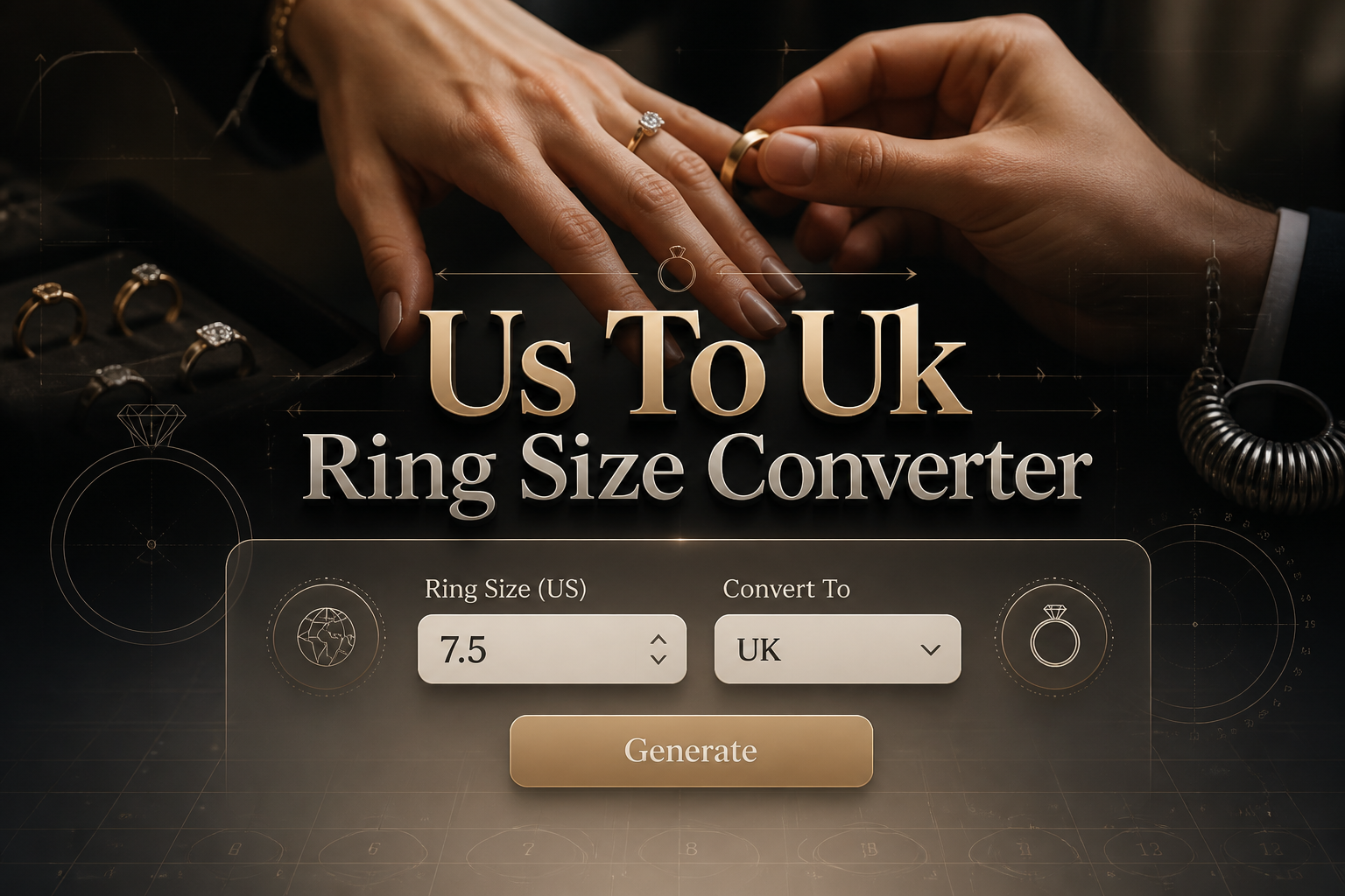 Featured hero image of a US to UK ring size converter UI with a prominent ring size input field, country size dropdown, and Generate button over a polished jewelry fitting scene, ideal for ring size conversion and US to UK ring size chart use.