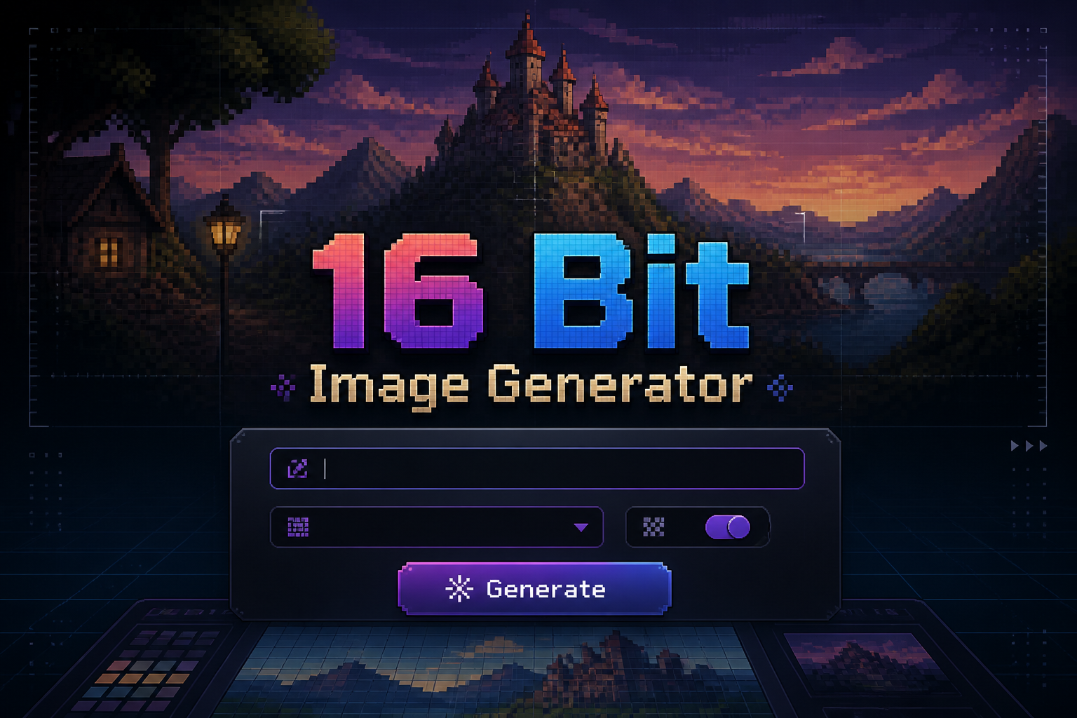 Centered hero graphic for a 16 Bit Image Generator with the title text, a short prompt field, pixel depth dropdown, retro color reduction toggle, and Generate button, in a polished 16-bit pixel art generator UI with subtle grid details.