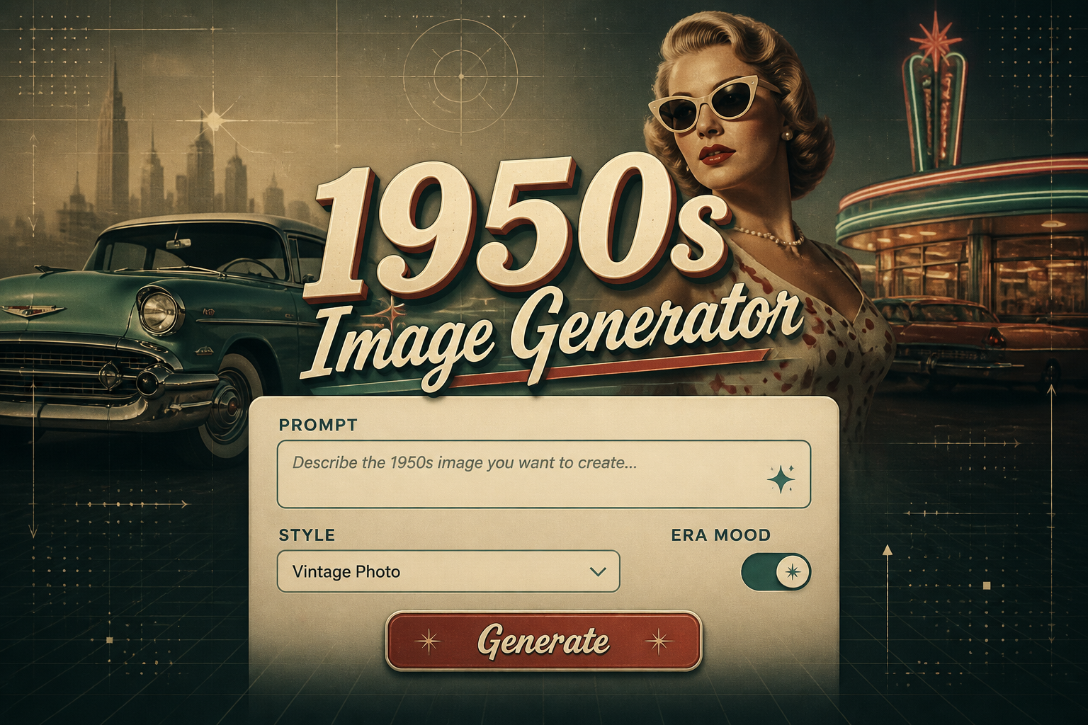 Centered hero graphic for a 1950s image generator tool with "1950s Image Generator" in retro typography, a prompt field, style dropdown, era mood toggle, and Generate button, set over a fading vintage UI scene with warm cream, teal, and dusty red tones.