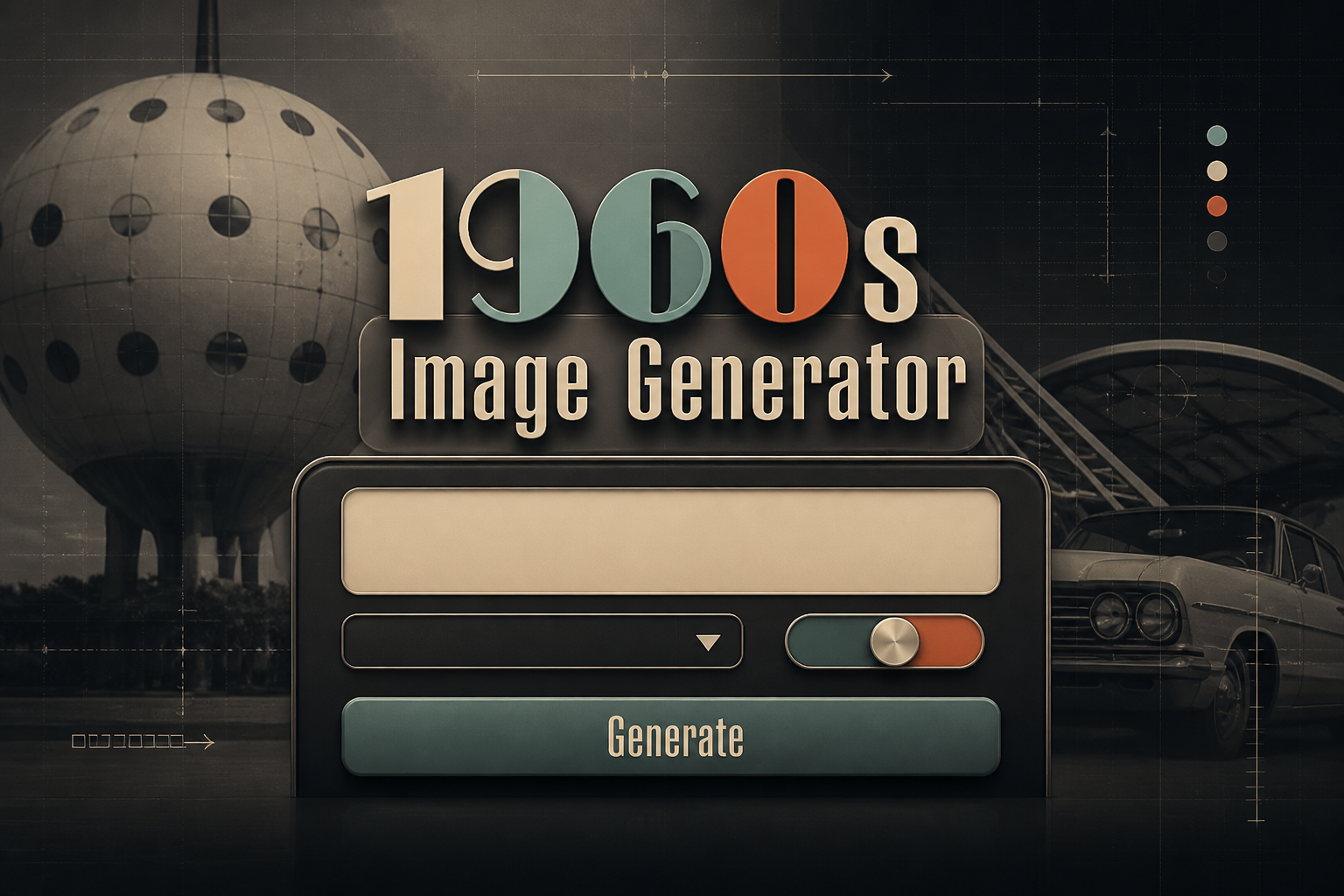 Centered hero graphic for a 1960s image generator tool with retro-futurist typography, a subtle UI panel with prompt, style dropdown, vintage toggle and Generate button, over a dark fading grid background.