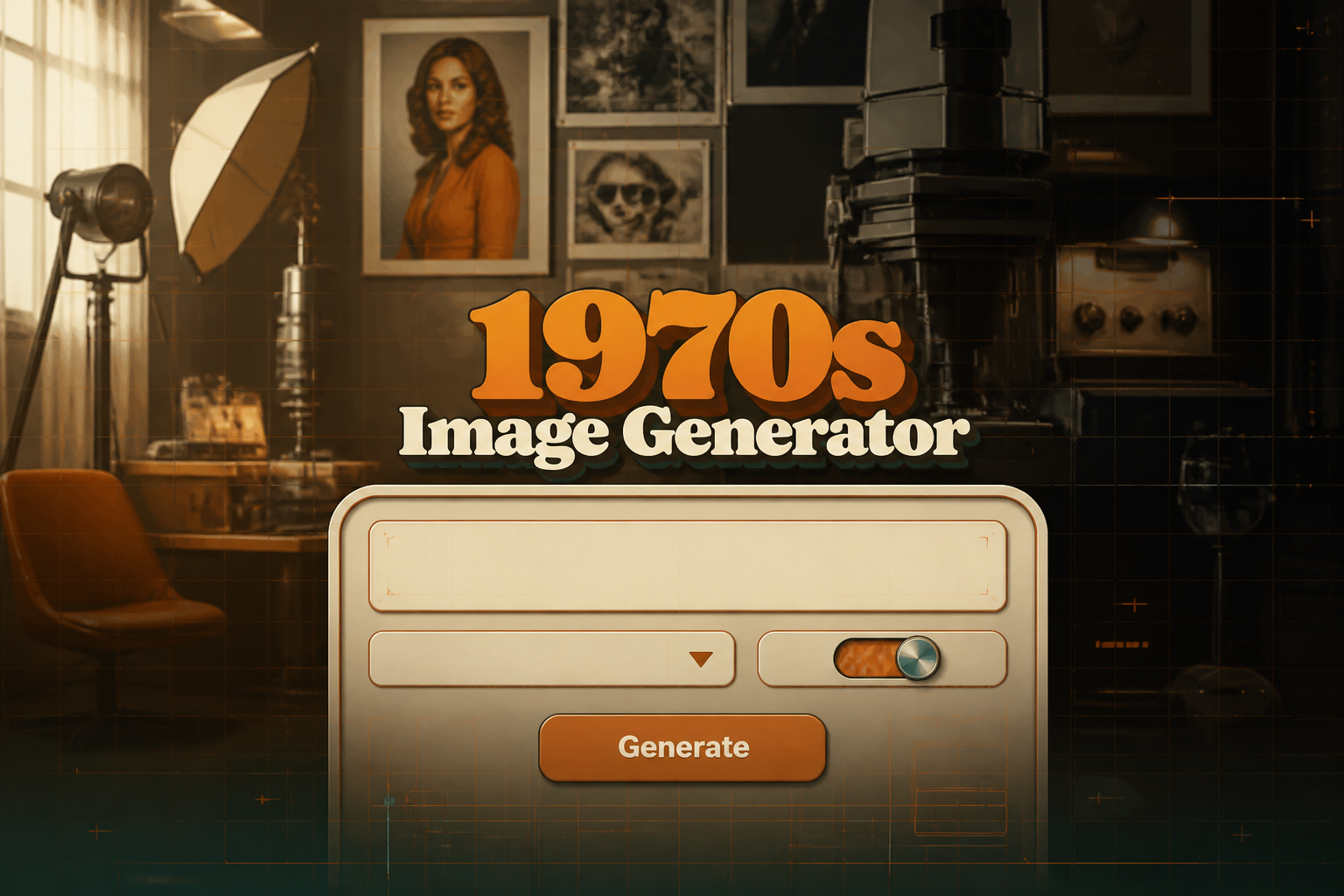 Centered hero graphic for a 1970s image generator tool with "1970s Image Generator" text, a retro input panel with prompt field, style dropdown, toggle and Generate button, plus a vintage photo studio background and warm orange-teal UI accents.