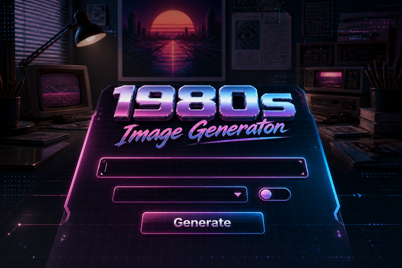 Centered retro web hero shows "1980s Image Generator" above a sleek panel with a prompt field, era-style dropdown, neon toggle, and Generate button, set over a moody 80s-inspired creative workspace with faint grid lines and reflections.
