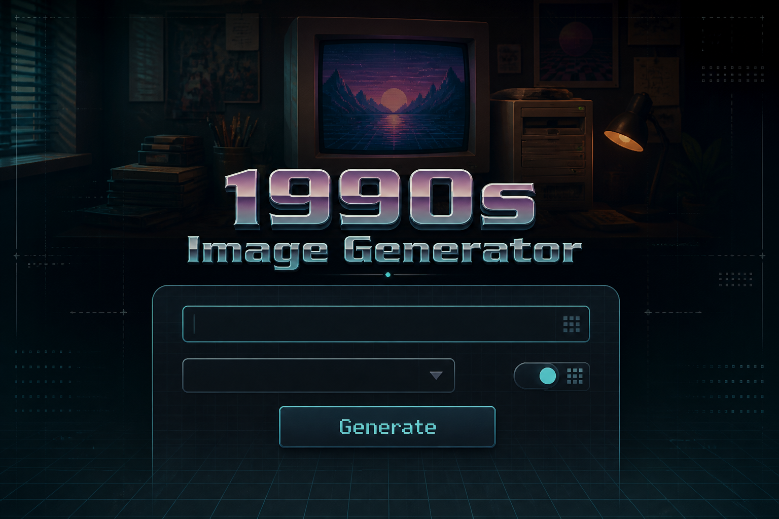 Centered retro-futuristic hero graphic with the title 1990s Image Generator, a prompt field, style dropdown, retro toggle and Generate button, plus subtle 1990s image generator tool interface design accents and faint grid lines in the background.