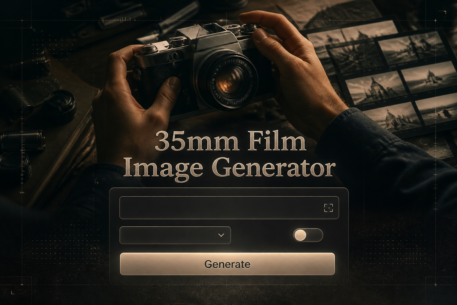 Hero image for a 35mm film image generator tool showing centered text, a minimal prompt field, film style dropdown, grain toggle and Generate button over a cinematic scene with a person holding a 35mm camera and contact sheet references.