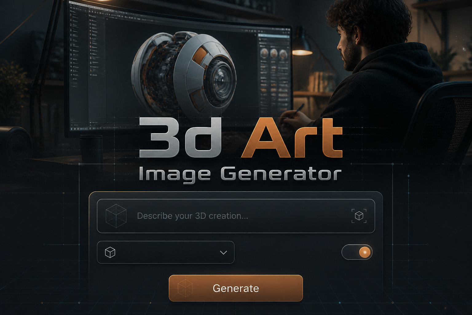 Centered hero graphic for a 3D art image generator tool showing the text "3d Art Image Generator" above a polished UI panel with prompt field, style dropdown, depth toggle, and Generate button over a sleek 3D design workstation background.