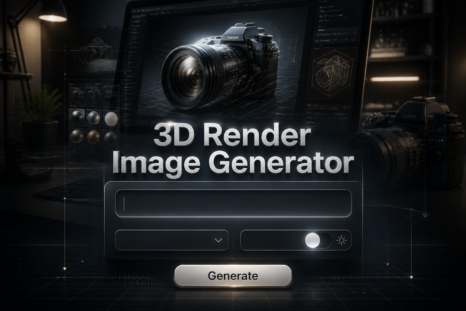 Centered hero graphic with the text 3D Render Image Generator above a refined UI panel, a prompt field, render style dropdown, realism toggle, and Generate button, styled as a 3D render image generator tool with sleek dark premium reflections.