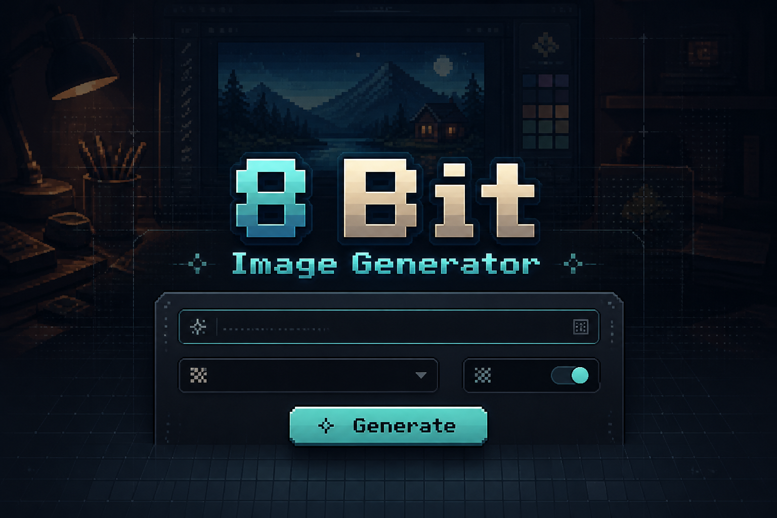 Centered hero graphic for 8 Bit Image Generator with soft-shadow title, sleek prompt input, pixel style dropdown, retro dithering toggle, and Generate button over a fading pixel art creation UI with subtle grid lines and alignment hints.