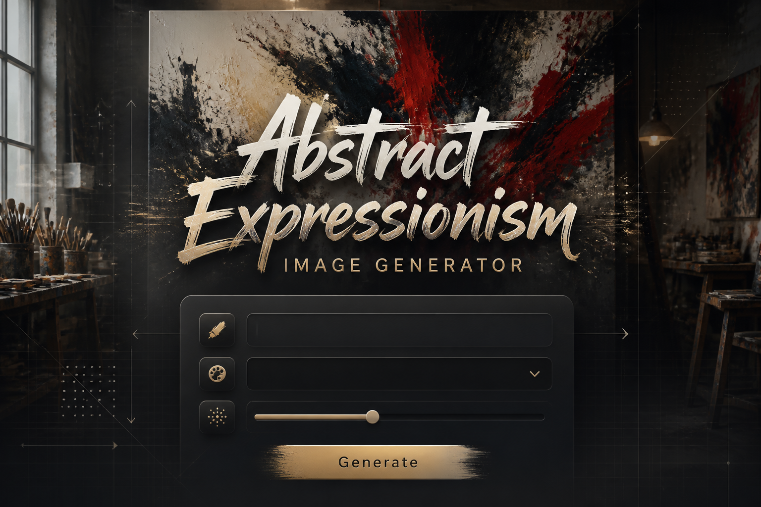 Centered hero image for an Abstract Expressionism Image Generator tool, with a sleek UI panel, prompt field, color mood dropdown, abstraction toggle, and Generate button over a premium studio background with abstract grid lines and subtle paint energy.