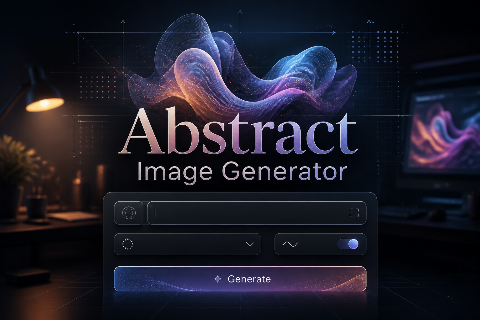 Centered sleek hero image showing the title Abstract Image Generator over a premium UI panel with prompt field, style dropdown, variation toggle, and Generate button, ideal for abstract image generator tool inspiration and abstract AI art creator interface.