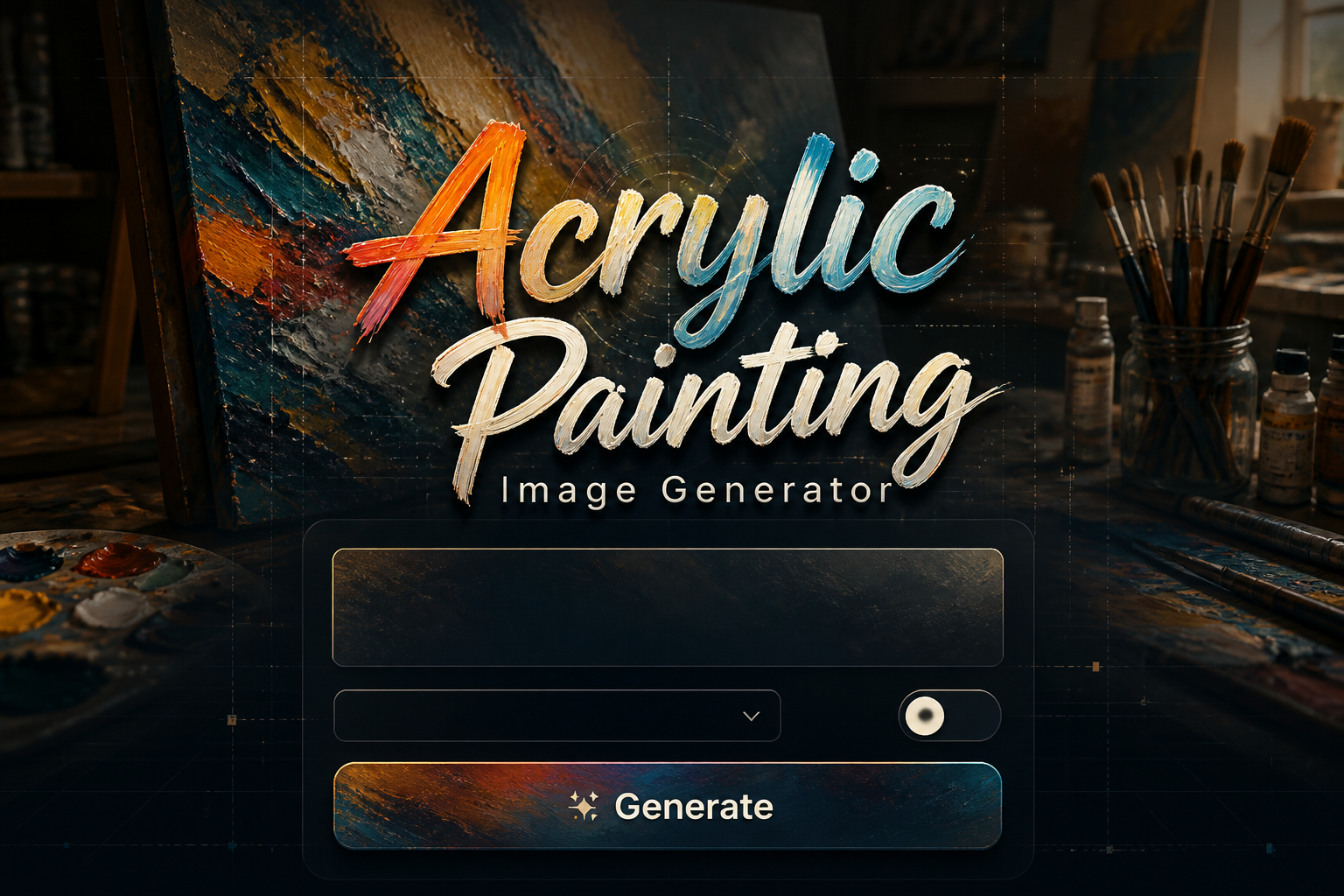 Centered hero graphic with "Acrylic Painting Image Generator" in polished UI typography above a prompt field, dropdown, toggle and Generate button, set over an acrylic painting tool interface with artist workspace, canvases and acrylic brush strokes, ideal for an acrylic painting image generator and acrylic art image generator tool.