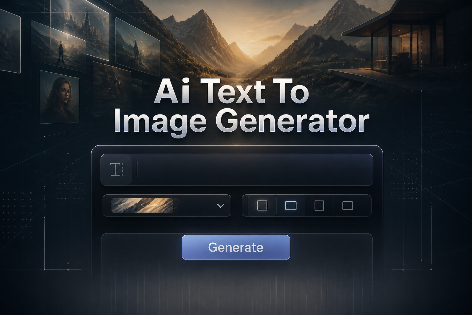 Centered sleek hero UI with the text Ai Text To Image Generator, one prompt input field, a compact style dropdown, an aspect ratio toggle and a Generate button, in a premium ai text to image generator tool mockup with a dark polished gradient background.