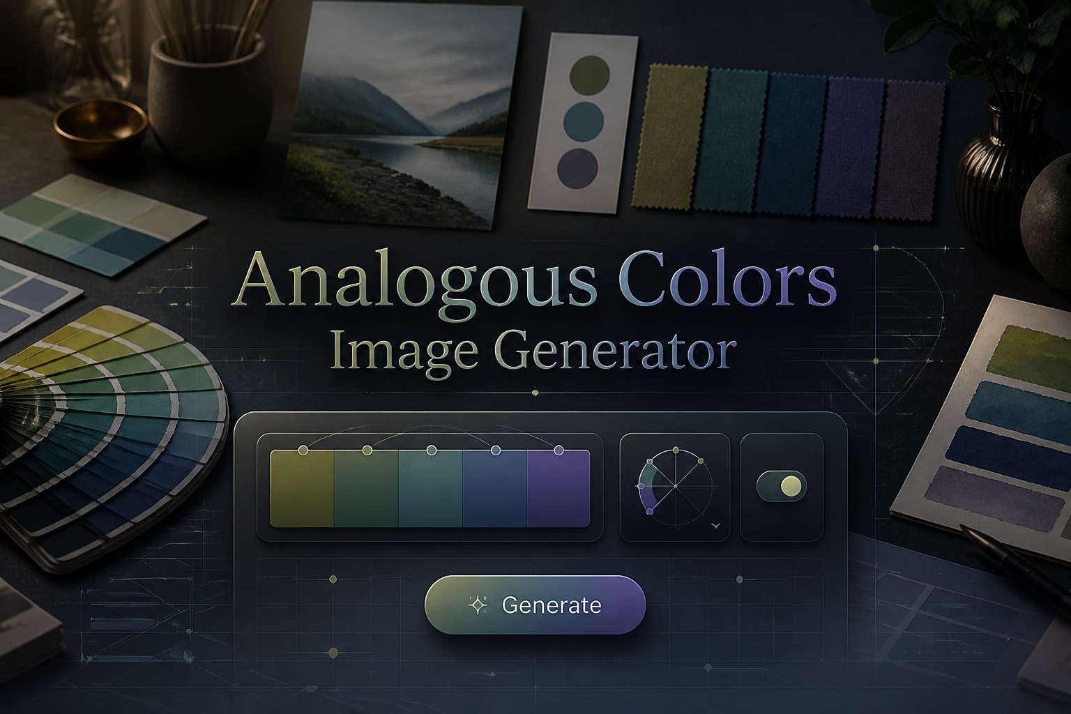 Featured hero image of an Analogous Colors Image Generator UI with a centered title, analogous hues input, palette direction dropdown, vividness toggle, and Generate button over a polished color-swatch workspace background.
