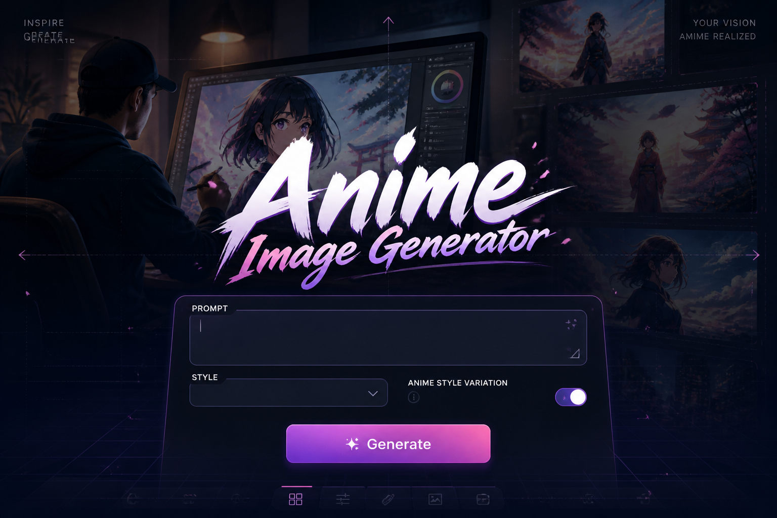 Centered hero graphic for Anime Image Generator with a refined UI panel, prompt field, style dropdown, anime variation toggle, and Generate button, plus an artist creating anime visuals on screen in a polished anime image generator tool interface.