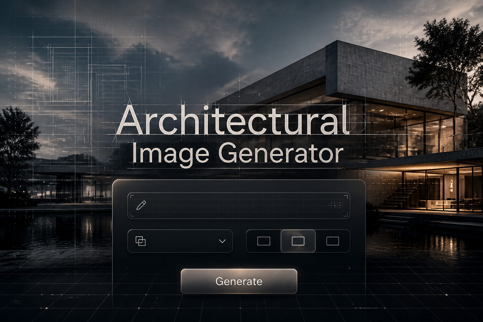 Architectural Image Generator hero image shows a centered sleek UI panel with prompt field, style dropdown, aspect ratio toggle, and Generate button over a premium modern building scene with blueprint overlays and architectural visualization tool elements.