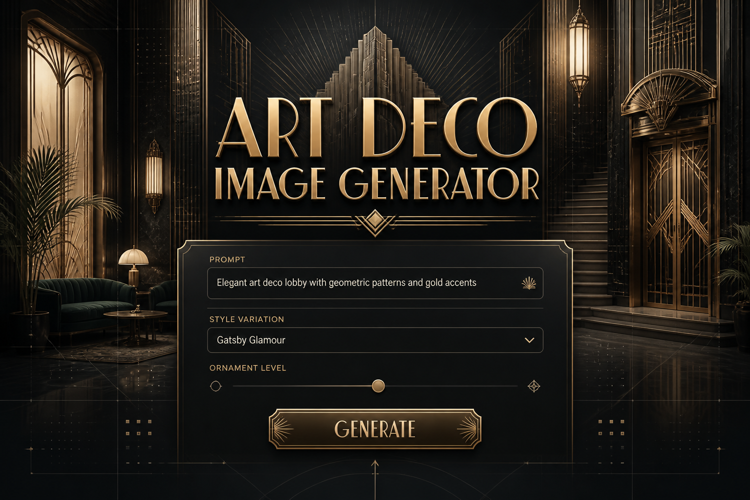 Featured hero image for an art deco image generator showing a polished UI panel with prompt field, style dropdown, ornament toggle, and Generate button, set over elegant geometric interiors with metallic accents and subtle grid lines.