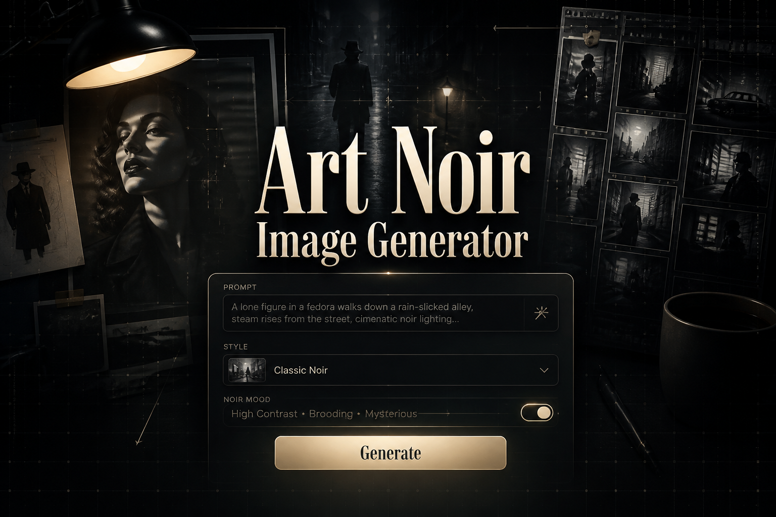 Centered hero image for an art noir image generator with the title "Art Noir Image Generator," a sleek UI panel with prompt field, style dropdown, noir toggle, and Generate button, set over a moody cinematic editorial workflow background.