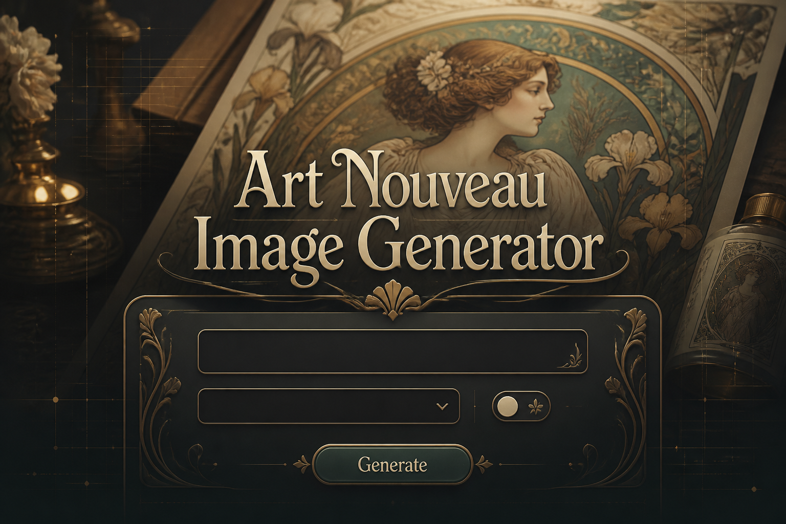 Centered hero mockup for an art nouveau image generator with elegant shadowed title, refined input panel, motif dropdown, ornate detail toggle, and Generate button, set over a premium decorative poster scene with subtle grid accents.