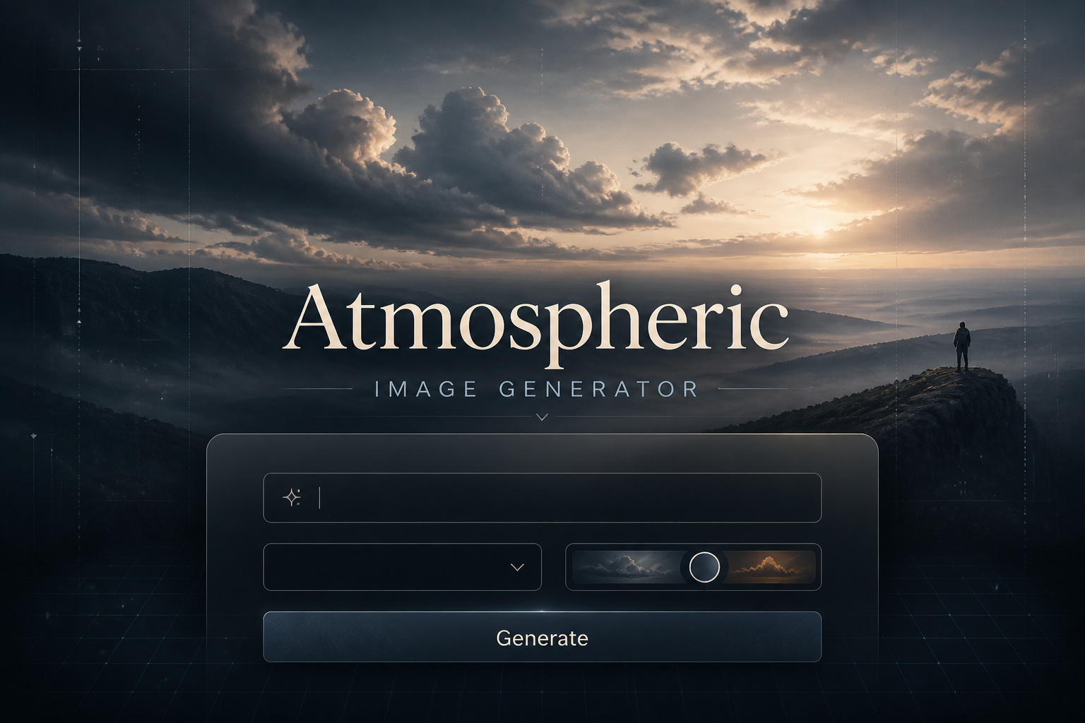 Centered hero graphic for an atmospheric image generator featuring a sleek UI panel with a prompt field, dropdown, toggle, and Generate button over a cinematic fading atmospheric scene, ideal for atmospheric image generator UI inspiration.
