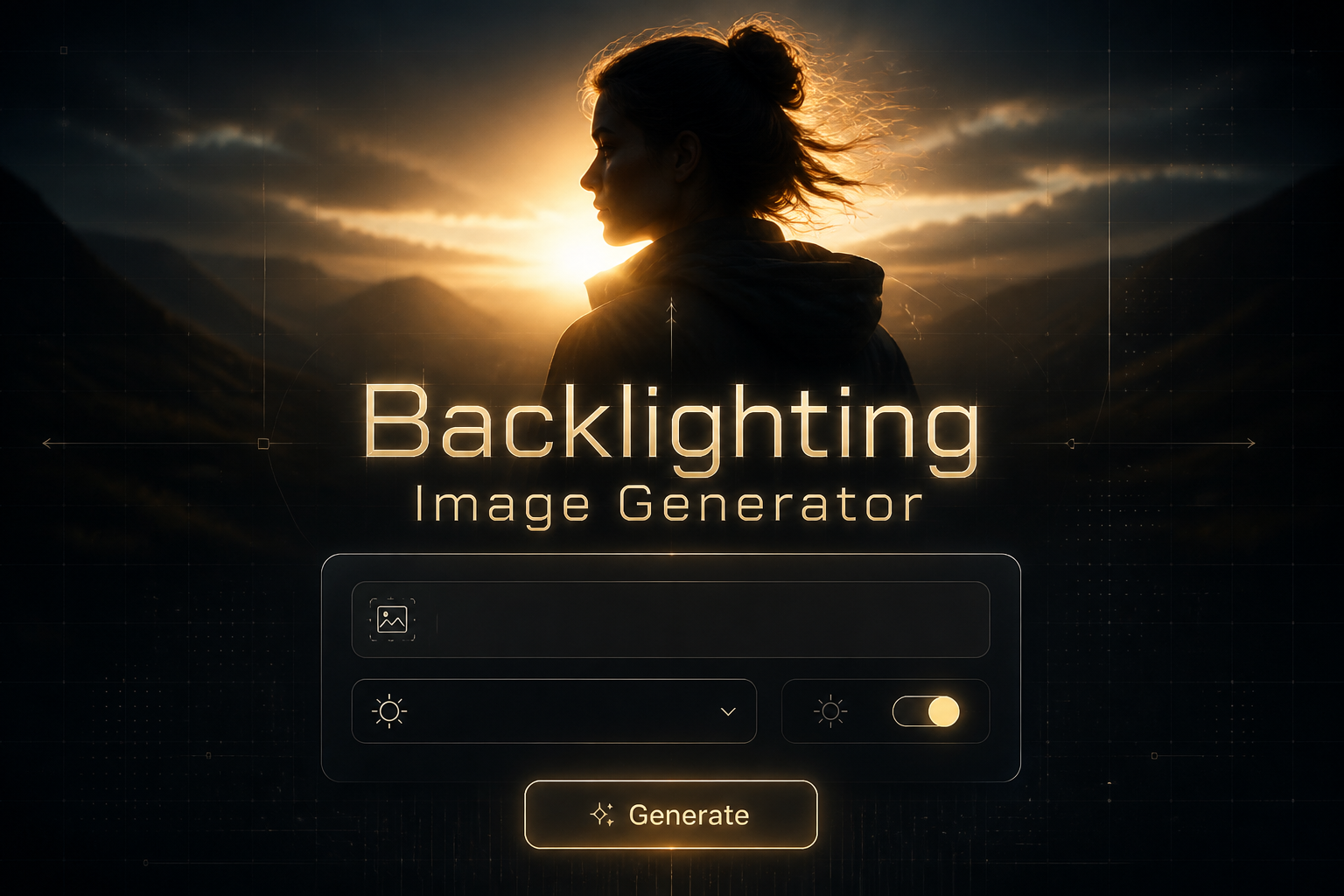 Centered hero graphic for a backlighting image generator with glowing title text, a sleek prompt field, backlight style dropdown, intensity toggle, and Generate button on a premium dark panel with subtle grid lines and soft luminous accents.