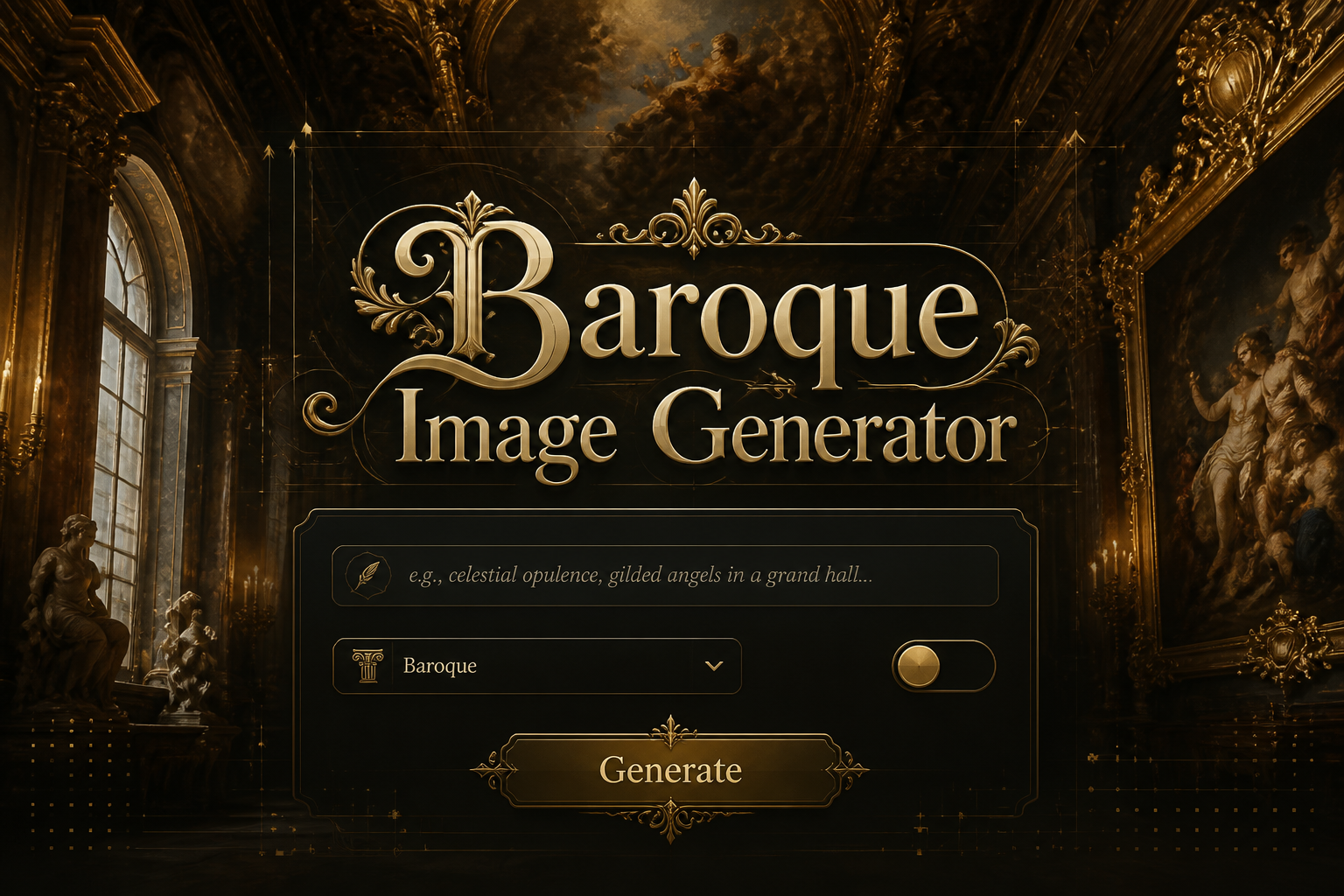 A premium hero graphic shows the title Baroque Image Generator above a centered UI panel with prompt, style, ornament toggle, and Generate button, blending into a gilded interior backdrop with subtle grid lines for a baroque AI image generator tool.
