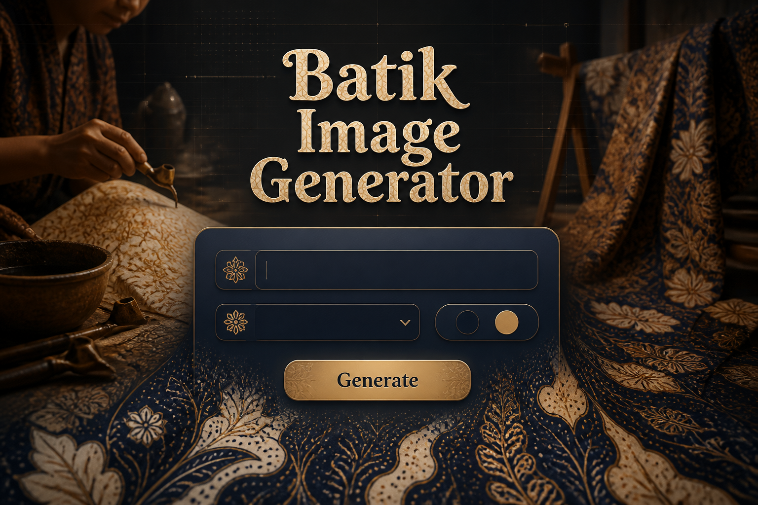 Featured hero image for a batik image generator tool showing a centered UI panel with Batik Image Generator text, pattern prompt field, style dropdown, color palette toggle, and Generate button, fading into batik fabric design with warm earthy tones and indigo.