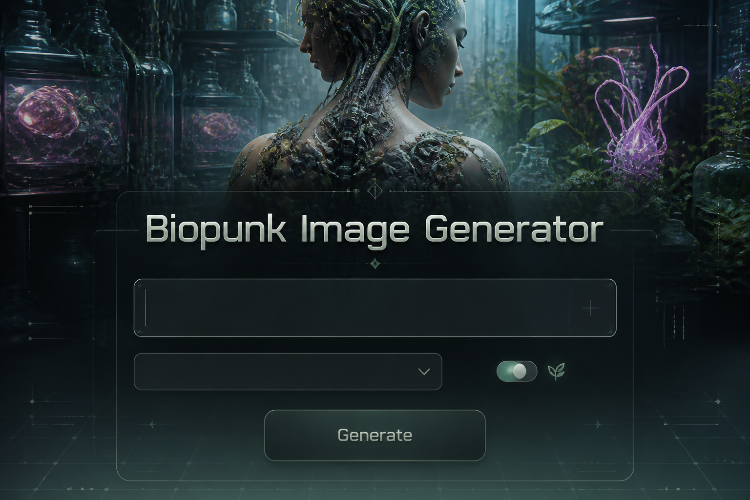 Centered biopunk hero banner with "Biopunk Image Generator" text, a sleek prompt field, style dropdown, biopunk toggle and Generate button over a glowing biotech lab background with neon organisms and cybernetic tissue.