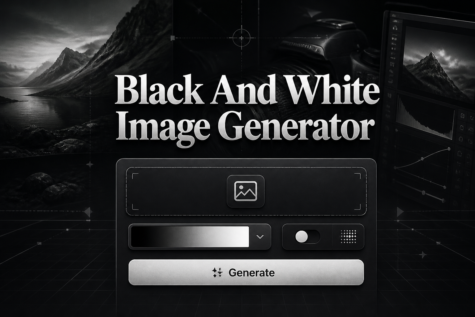 Centered hero banner with the title Black And White Image Generator, a sleek monochrome photo editing UI, image upload field, tone range dropdown, monochrome enhancement toggle, and Generate button, ideal for black and white image generator tool designs