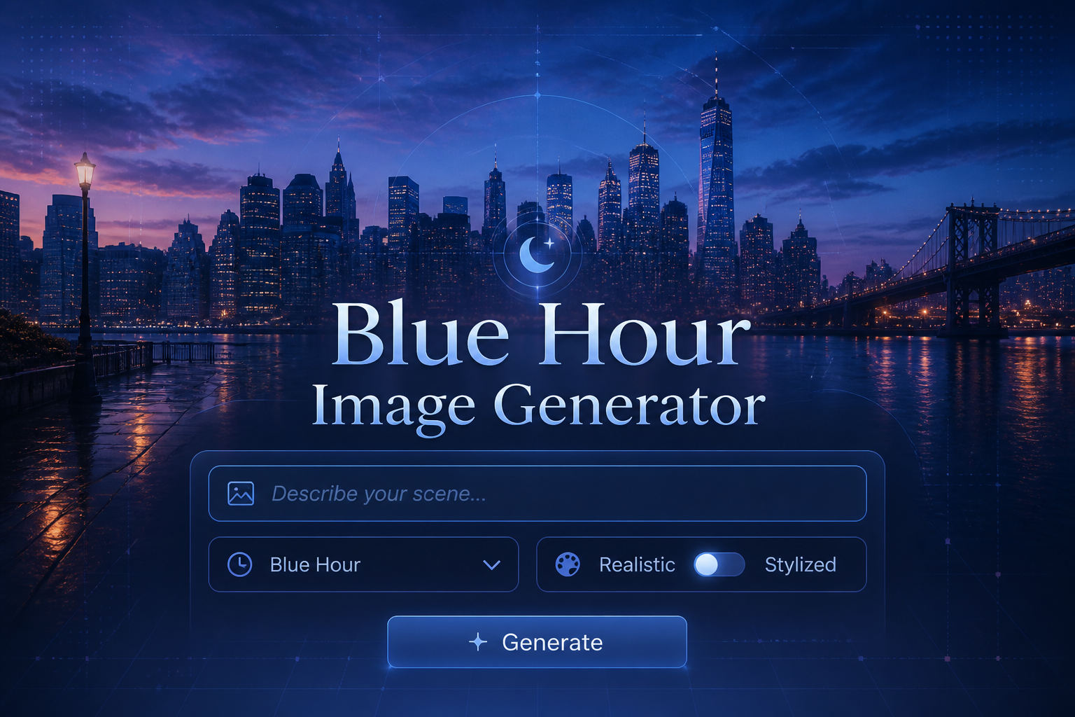 A polished hero graphic shows the words Blue Hour Image Generator over a sleek UI panel with scene description, mood dropdown, realism toggle, and Generate button, set against a blue hour city skyline with subtle grid lines.