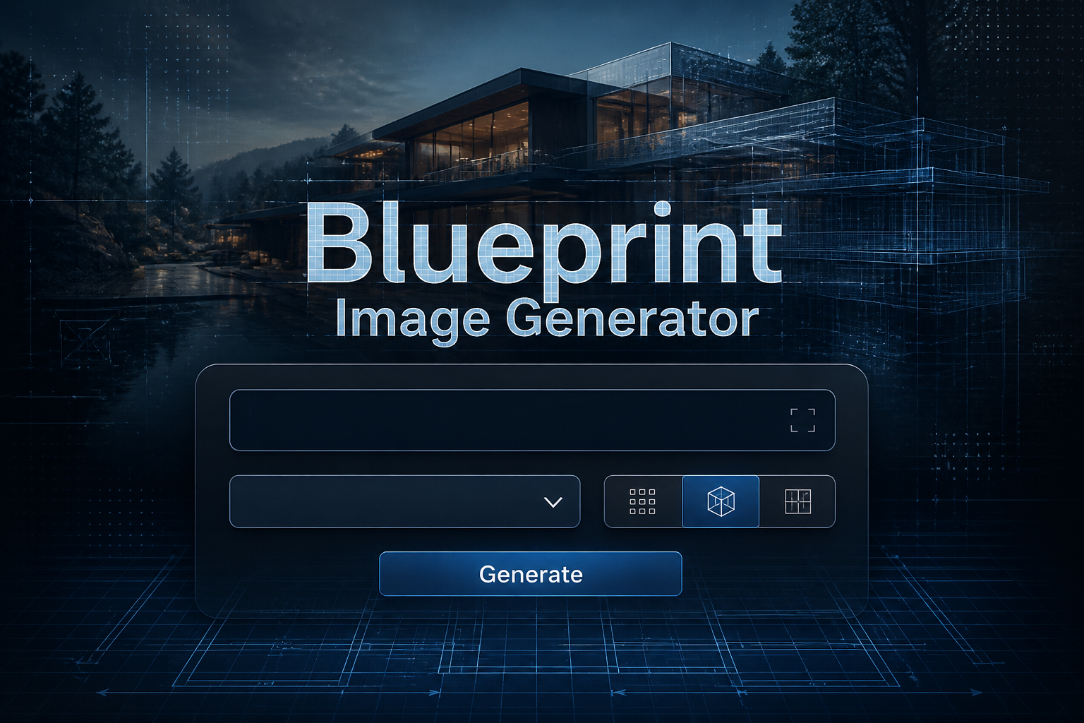Centered blueprint-style hero graphic with the title Blueprint Image Generator in subtle shadowed type above a sleek panel showing a scene idea input, clean dropdown, compact style toggle, and Generate button, with blueprint interface details in the background.