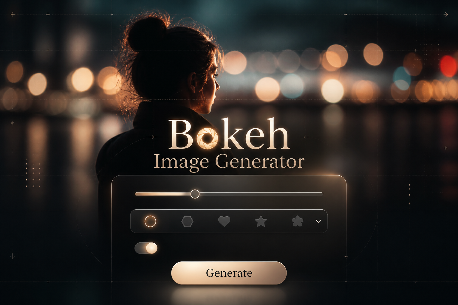 Centered hero graphic with "Bokeh Image Generator" over a sleek translucent panel, blur amount input, light shape dropdown, glow toggle and Generate button, set against dreamy blurred lights and a silhouetted subject for bokeh effect generator tool inspiration
