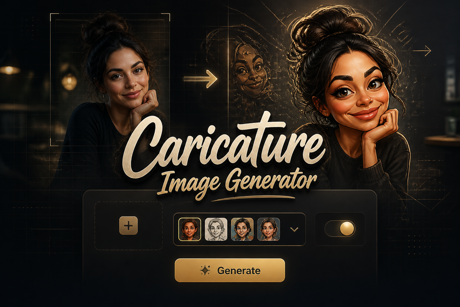 Centered hero image for a caricature image generator tool showing the title "Caricature Image Generator," a polished UI panel with photo upload, style dropdown, exaggeration toggle, and Generate button over a portrait-to-caricature background.