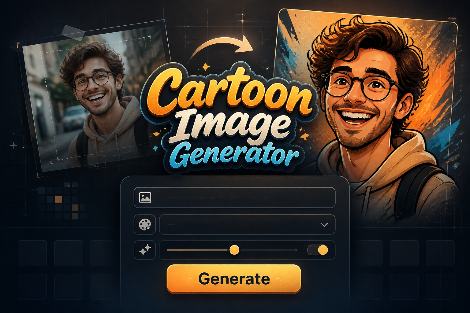 Centered hero graphic for a cartoon image generator tool with the title Cartoon Image Generator, a prompt field, style dropdown, cartoon intensity toggle, and Generate button, plus a sleek cartoon photo to cartoon portrait generator UI on a dark premium background.