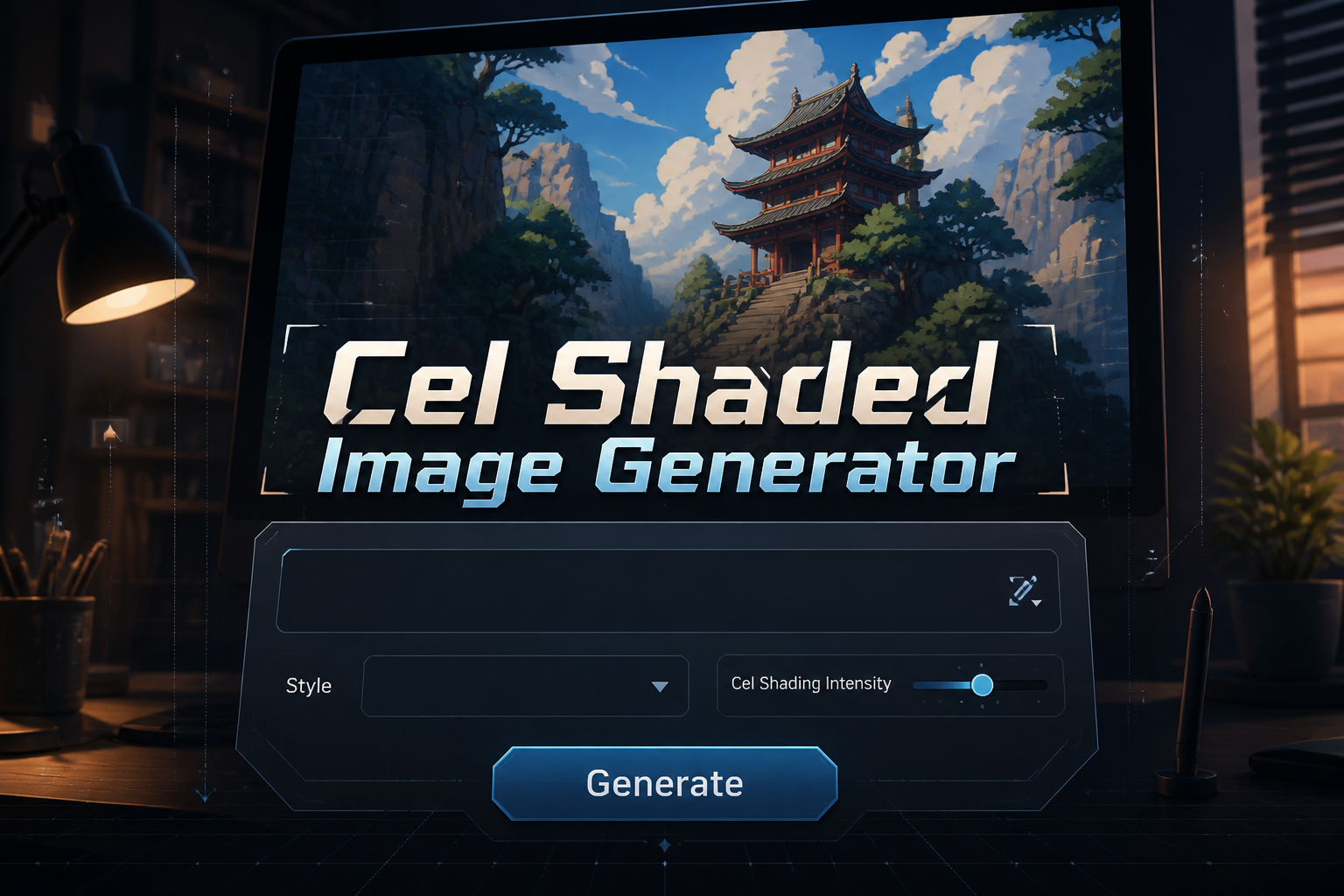 Centered hero image for a cel shaded image generator featuring a polished UI panel with an image prompt field, style dropdown, cel shading intensity toggle, and Generate button over a vivid cel-shaded creative workspace backdrop.